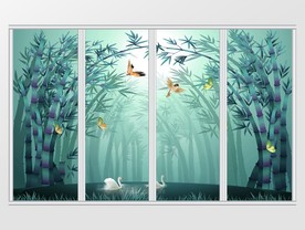 中式写意竹子天鹅花鸟移门