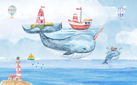 手绘鲸鱼海洋儿童墙面艺术设计背