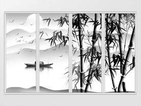 新中式写意墨竹山水画移门