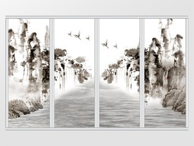 水墨淡青高山流水飞鸟移门