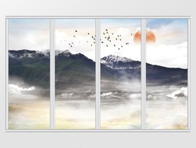 新中式山水意境日出风景移门