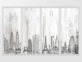 手绘线描城市风景移门