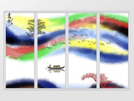 新中式手绘彩色水墨山水画移门