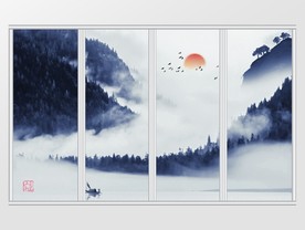 中式抽象水墨风山水国画移门