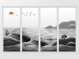 新中式山水风光飞鸟移门