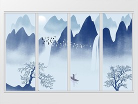 新中式手绘蓝色山水移门
