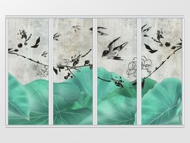 清新手绘荷叶花鸟移门