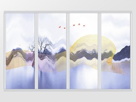 新中式抽象波纹飞鸟移门