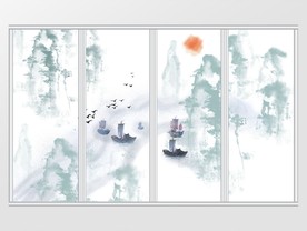 新中式简约大气绿蓝色山水船移门