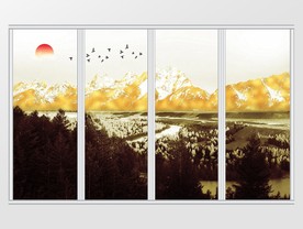 新中式金箔山水飞鸟旭日移门