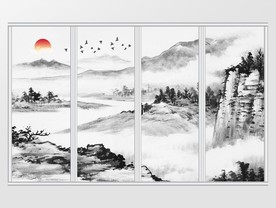 新中式山水水墨画飞鸟风景移门