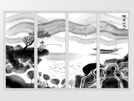 新中式手绘人物禅意山水画移门