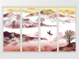 新中式水墨山水抽象飞鸟移门