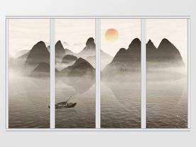 新中式水墨远山太阳移门