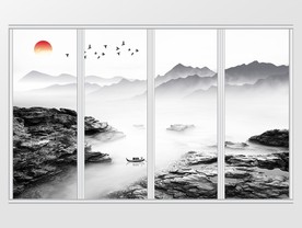 新中式意境山水画水墨飞鸟移门