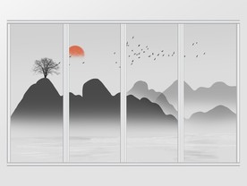 中式山水意境日出日落移门