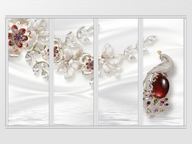 3d红色宝石孔雀珠宝花朵移门