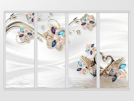3d五色宝石花瓣珠宝天鹅移门