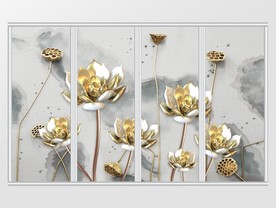 金色荷花莲蓬白瓷荷叶移门