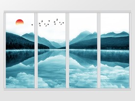 新中式蓝色山水风景移门