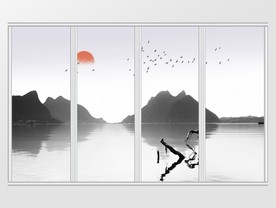 新中式山水意境日出日落移门