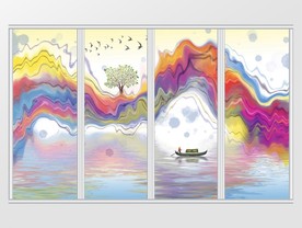 新中式彩色抽象山水画移门