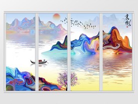 新中式彩色抽象山水画移门