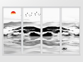 新中式意境山水飞鸟移门