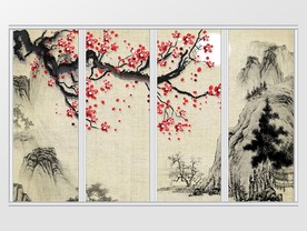 中式水墨山水红梅移门