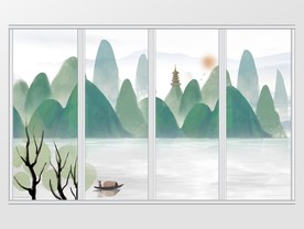 清新新中式手绘风景移门