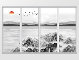 新中式飞鸟山水风景水墨移门