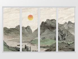 新中式诗意山村野景小舟骄阳移门