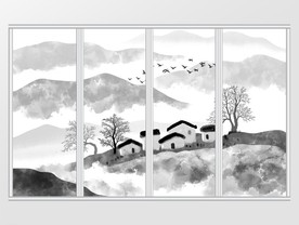新中式手绘水墨山水风景画移门