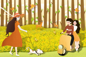 手绘卡通清新女孩油菜花背景