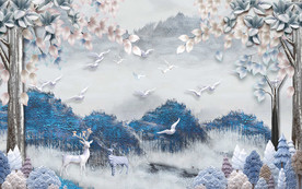 丛林山水梅花鹿浮雕电视背景墙