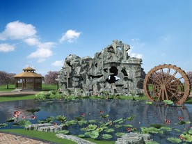 假山 水车 荷花