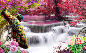 丛林瀑布孔雀牡丹电视背景墙