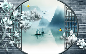 古典镂空拱门玉兰花山水电视背景