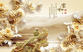 花鸟山水木雕电视背景墙