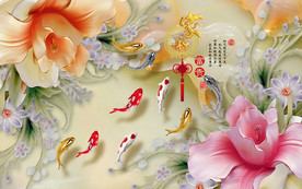 九鲤图3d立体中式电视背景壁画