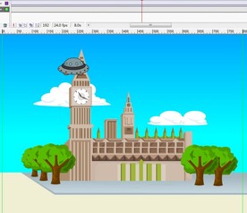 UFO飞过一个大钟的建筑物动画