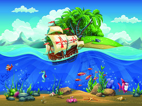 海洋风景卡通插画背景墙