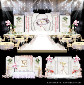 白粉色大理石主题婚礼舞台效果图