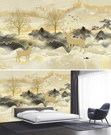 新中式金色山水大理石麋鹿背景墙