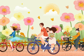 手绘卡通骑车人物风景插画