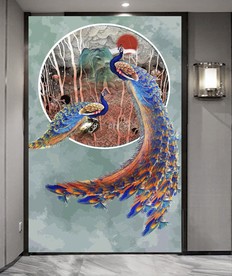 中式简约孔雀大理石纹玄关背景墙