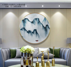 青色山水画 圆框山水画