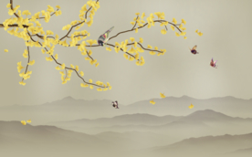 大型银杏花鸟壁纸背景墙