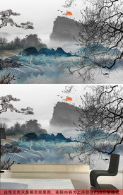 新中式抽象金色线条水彩森林山水