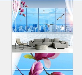 3D立体窗外城市风景背景墙